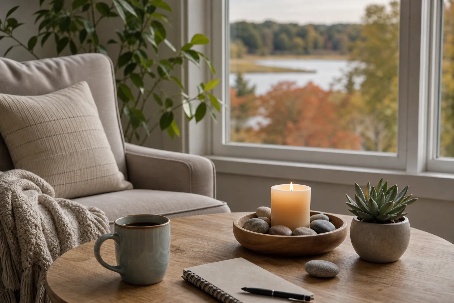 Armchair and table beside a window A cushioned armchair with a knitted throw beside a wooden table holding a mug, blank notebook, pen, lit candle, stones, and potted succulent, with trees and water visible through a window.