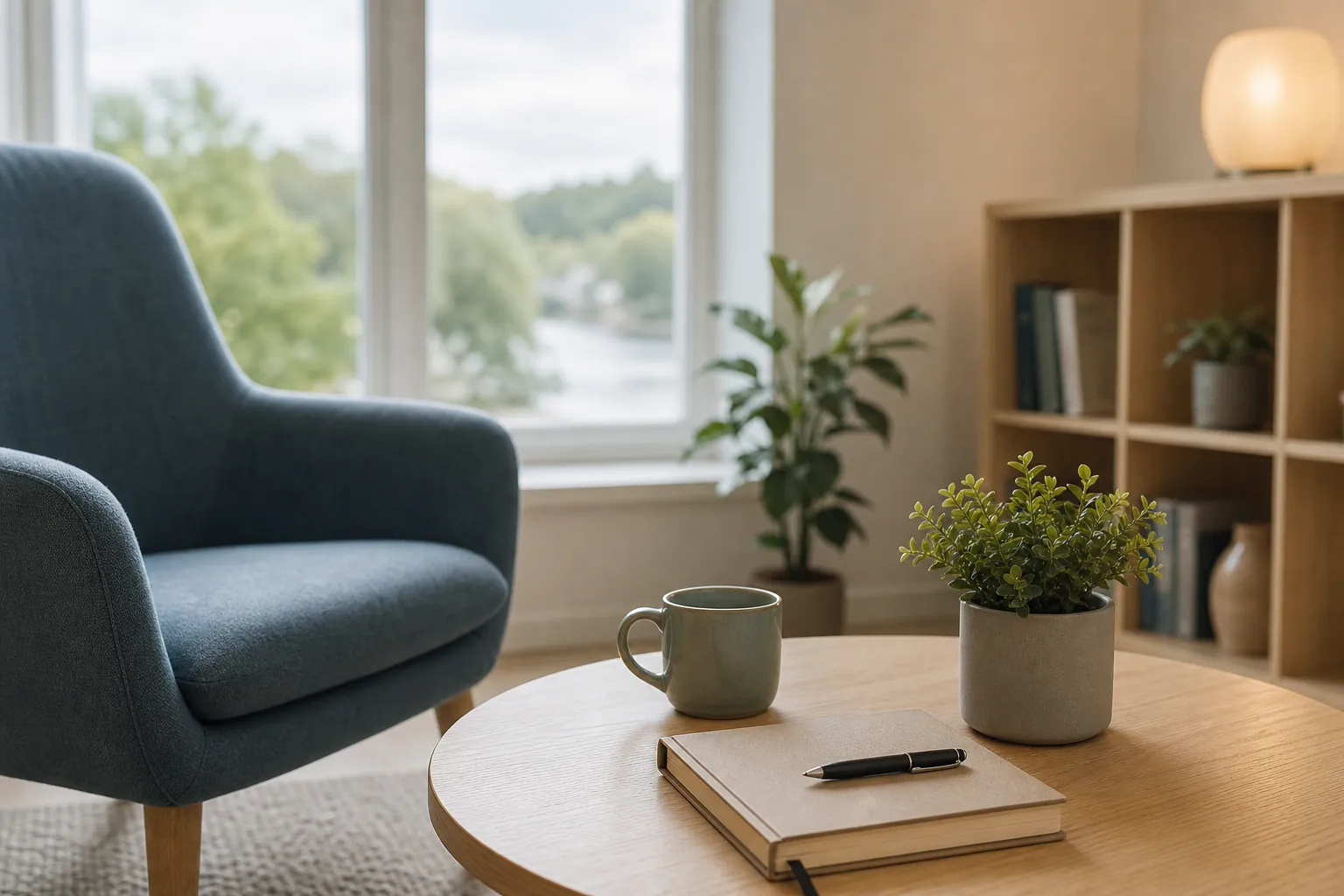 Armchair and wooden table with notebook, mug and plant Blue armchair beside a round wooden table holding a closed notebook, pen, mug and potted plant, with a window, shelving and lit lamp behind.