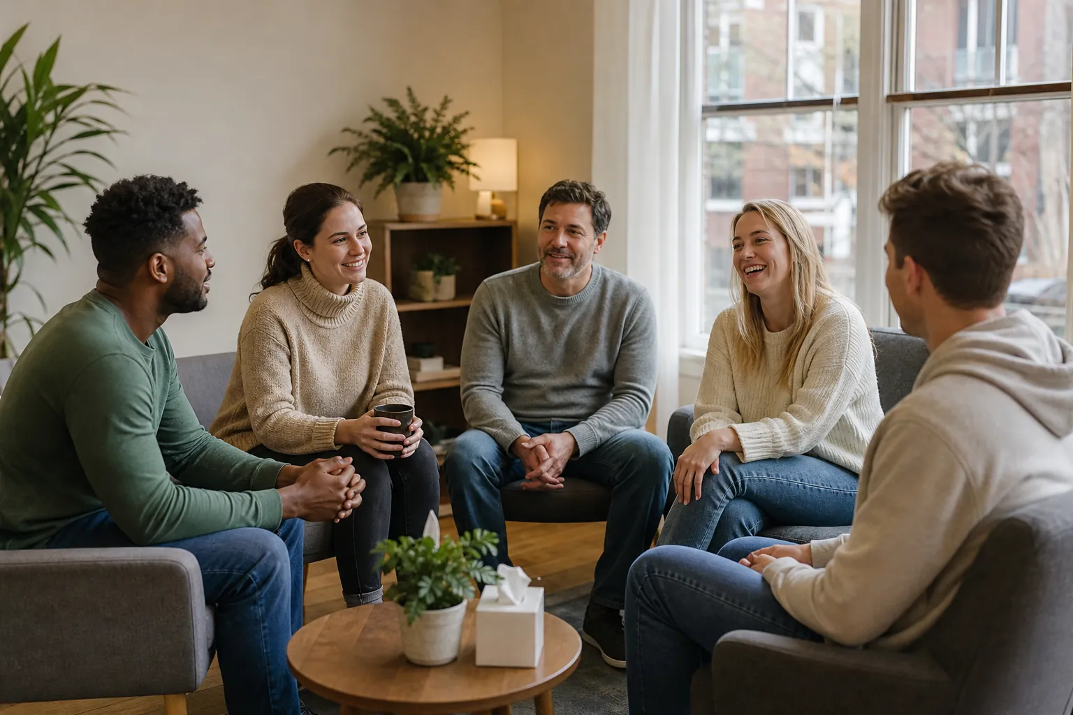 Adults Sharing a Relaxed Group Discussion Five adults sit in a circle, smiling and talking in a bright room with plants and a coffee table holding tissues.