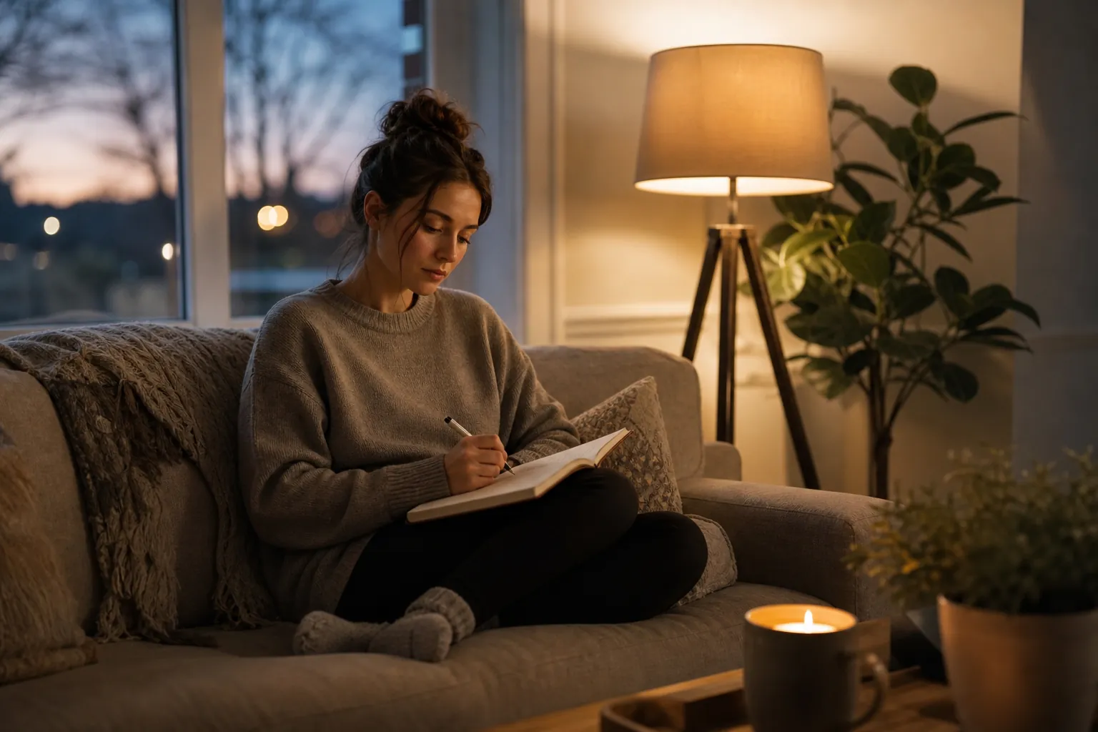Quiet Evening Journaling on a Sofa A woman sits cross-legged on a sofa, writing in a notebook beside a warm lamp and candle as dusk falls outside.