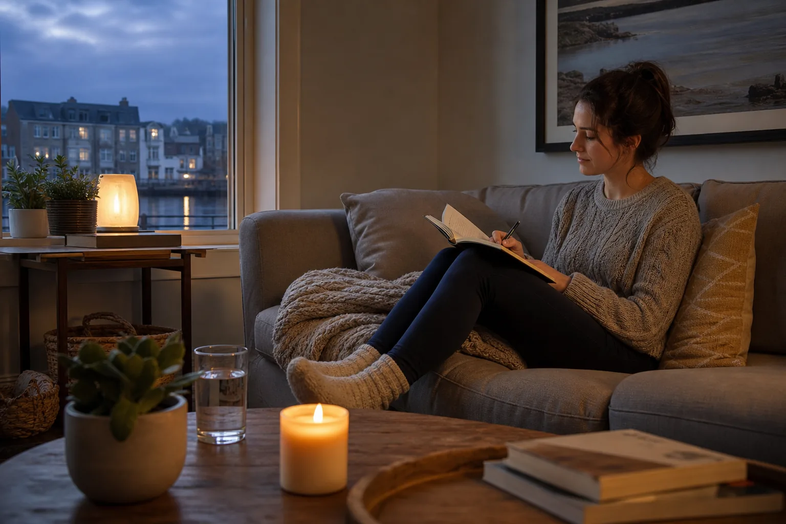 A woman writes in a notebook on a sofa at dusk, with a lit candle, water glass, plants, and books nearby.