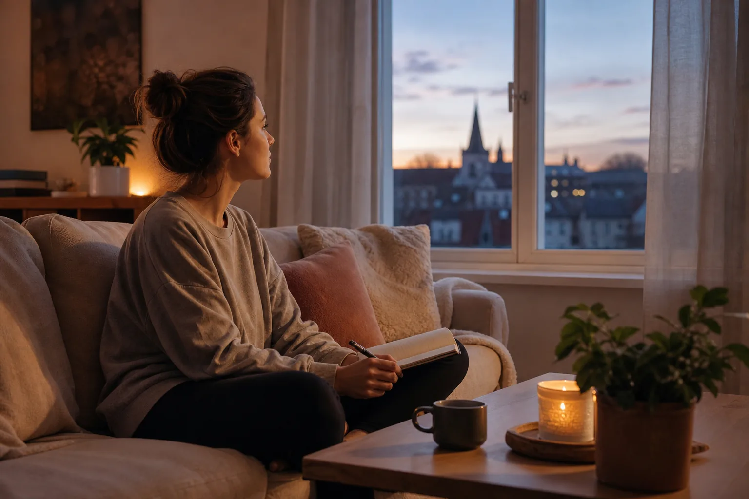 A woman sits cross-legged on a sofa with a notebook and pen, looking out at dusk beside a table with a mug, candle, and plant.