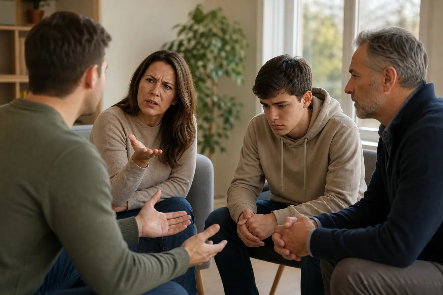 Four people sit in a discussion circle as a woman gestures and a young man looks down beside an older man.