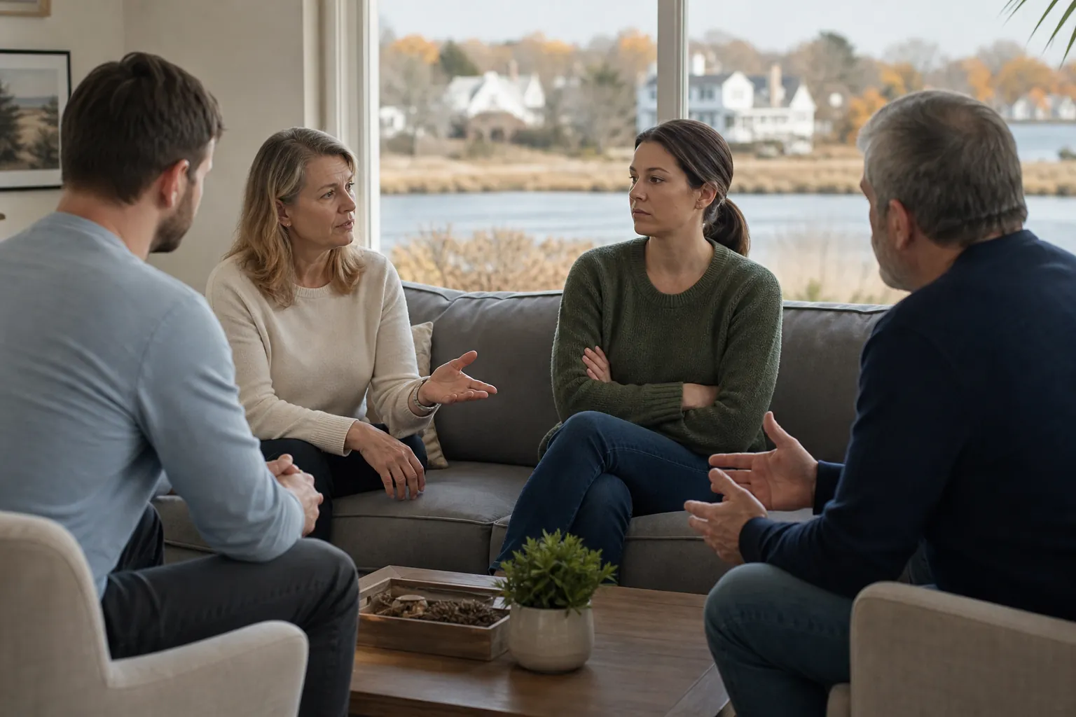 Four adults sit around a coffee table in a living room, discussing something seriously as one woman folds her arms.