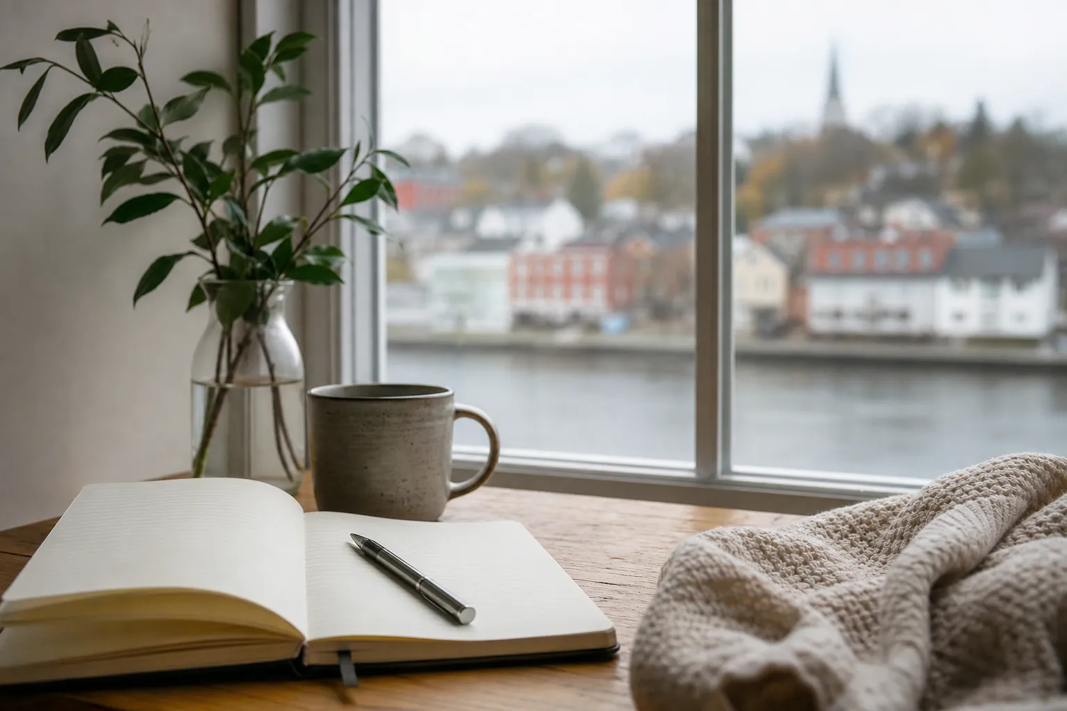 Notebook and pen beside a window Blank open notebook and pen with a ceramic mug, leafy vase and blanket beside a window.