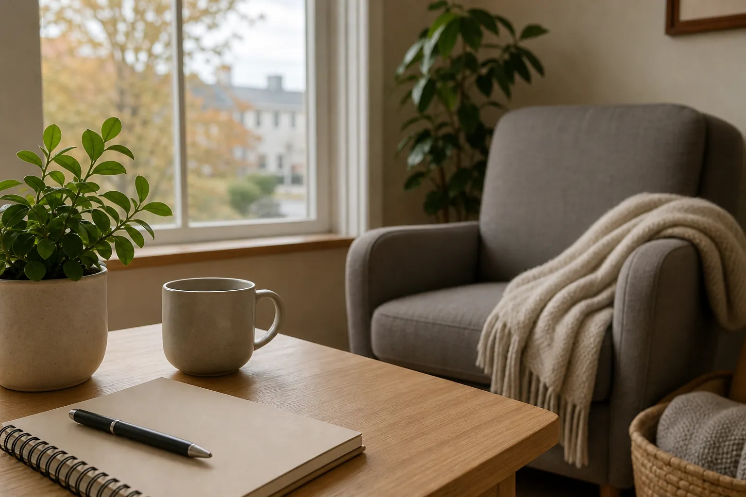 Armchair and table with notebook, mug, and plant A gray armchair with a cream throw beside a window, with a notebook, pen, mug, and potted plant on a wooden table.
