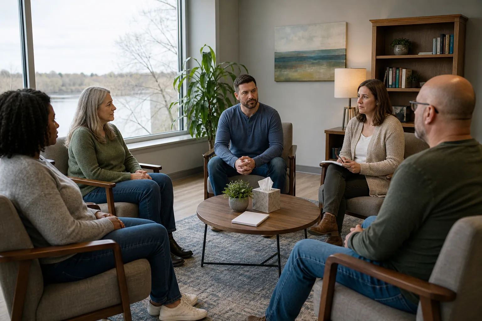 Mental Health Group Discussion in a Comfortable Room (detail 2) Five adults sit in a circle during a mental health group discussion in a bright room with large windows.