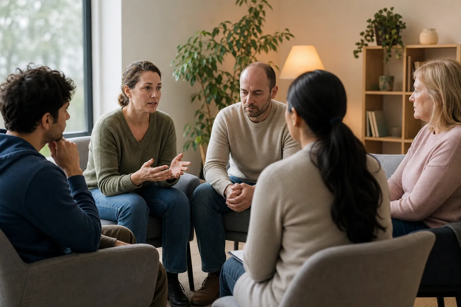 Adults Participating in a Mental Health Group Discussion (detail 1) Five adults sit in a circle in a softly lit room as one woman gestures during a mental health group discussion.