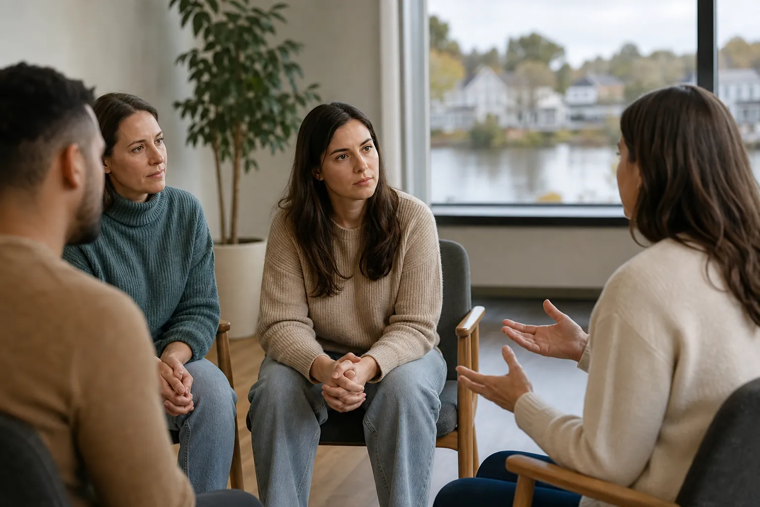 Four adults sit in a small group discussion, listening to a woman gesturing beside a window overlooking water.