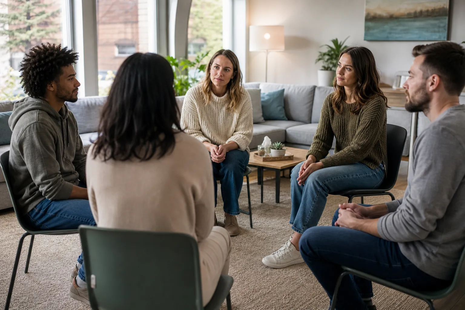 Five adults sit in a circle during a group discussion in a bright room with a sofa, plants, and a coffee table.