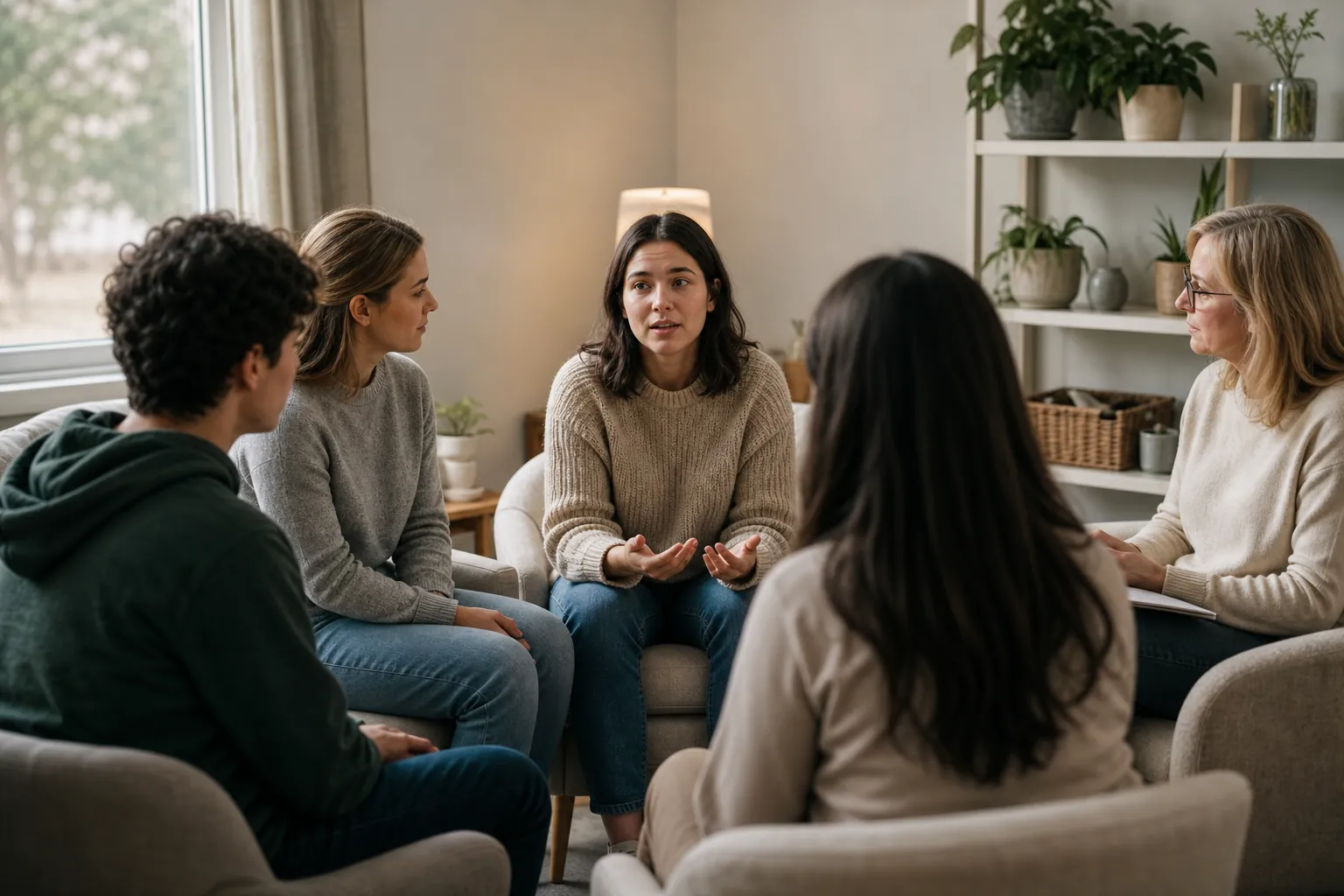 Support Group Discussion in a Welcoming Room Five adults sit in a circle in a bright room with plants, listening as a woman gestures during a group discussion.