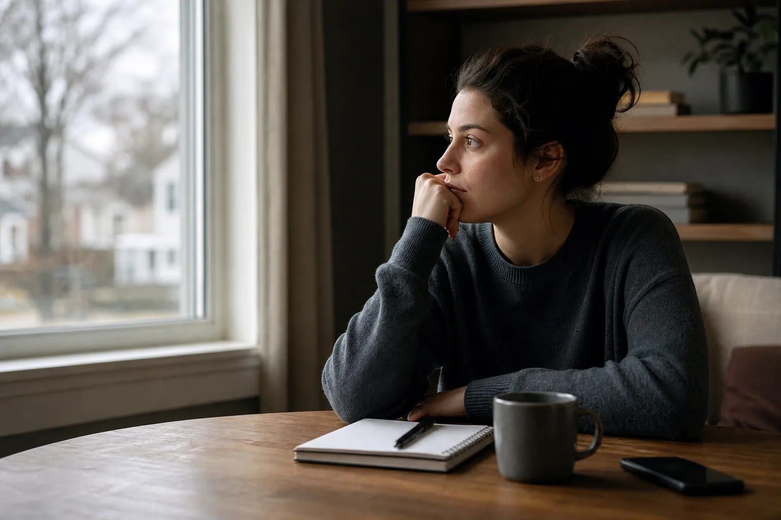 Thoughtful Woman Beside a Window With a Notebook A woman rests her chin on her hand and gazes out a window, with a notebook, pen, mug, and phone on the wooden table.