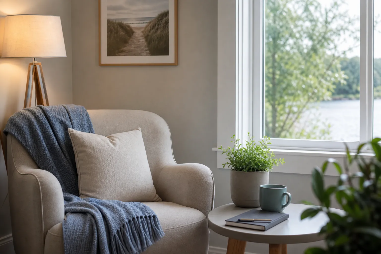 Armchair and side table beside a window Cream armchair with a cushion and blue throw beside a round table holding a potted plant, mug, notebook and pen, with a floor lamp and framed landscape nearby.
