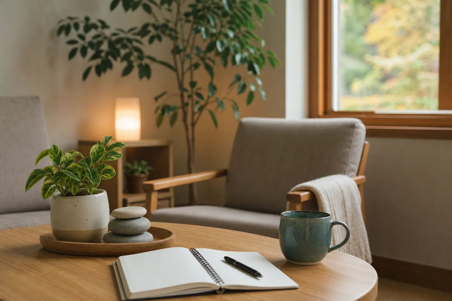 Blank notebook and mug beside upholstered chairs Blank open notebook and pen beside a green mug, plant and stacked stones in a seating room.