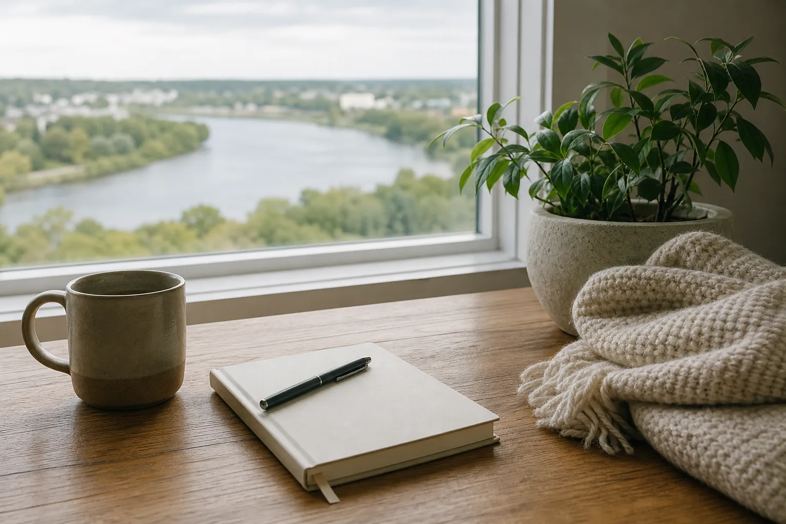 Mug, notebook, plant and knitted blanket by a window A ceramic mug, closed blank notebook with a pen, potted plant and knitted blanket on a wooden table beside a window overlooking water and trees.