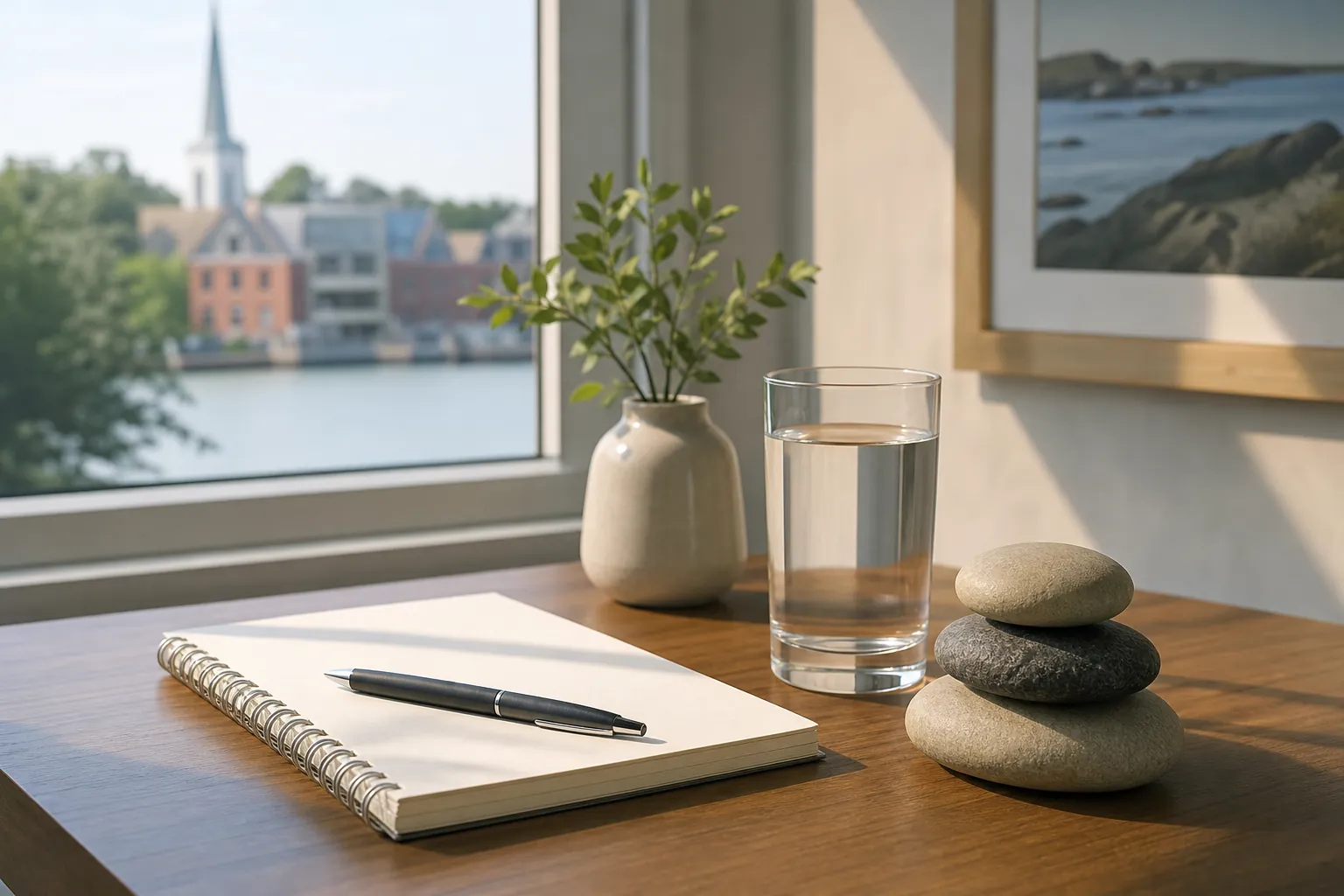 Notebook, water glass and stacked stones beside a window A blank spiral notebook and pen, glass of water, three stacked stones and leafy vase sit on a sunlit wooden table beside a window.