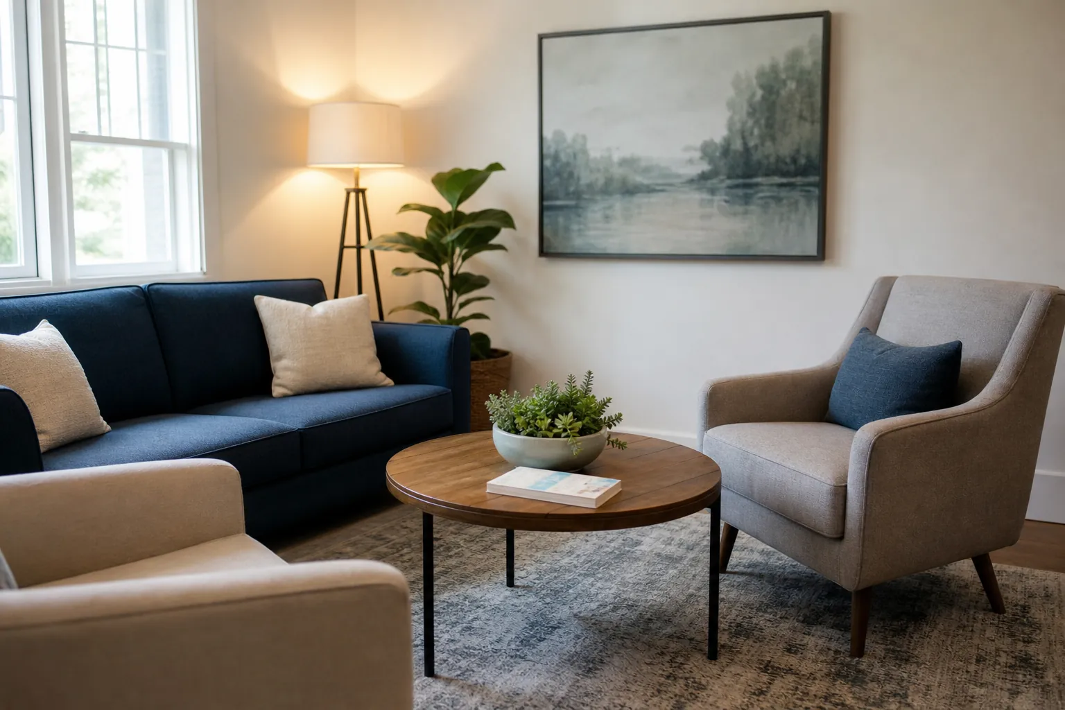 Seating room with blue sofa and pale armchairs Seating room with a navy sofa, pale armchairs, a wooden table and plants.