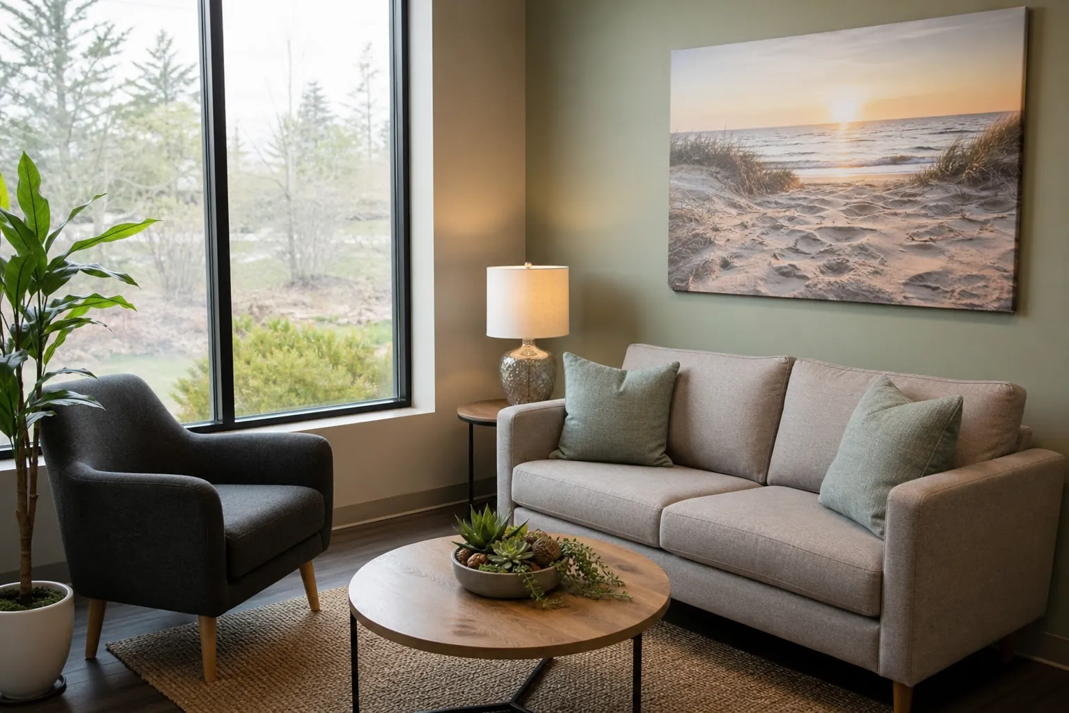 Sofa and armchair beside window and beach artwork Pale sofa and dark armchair beside a round table, plants and beach artwork.