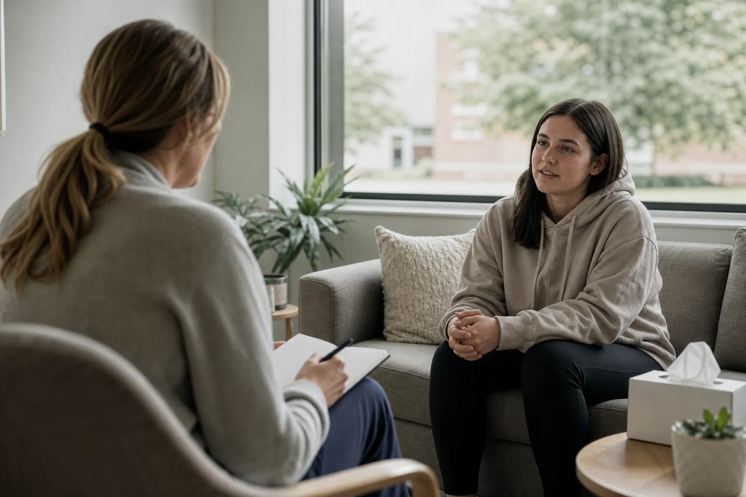 One-on-One Mental Health Counseling Session A woman sits on a gray sofa speaking with a counselor holding a clipboard in a bright room with plants and tissues.