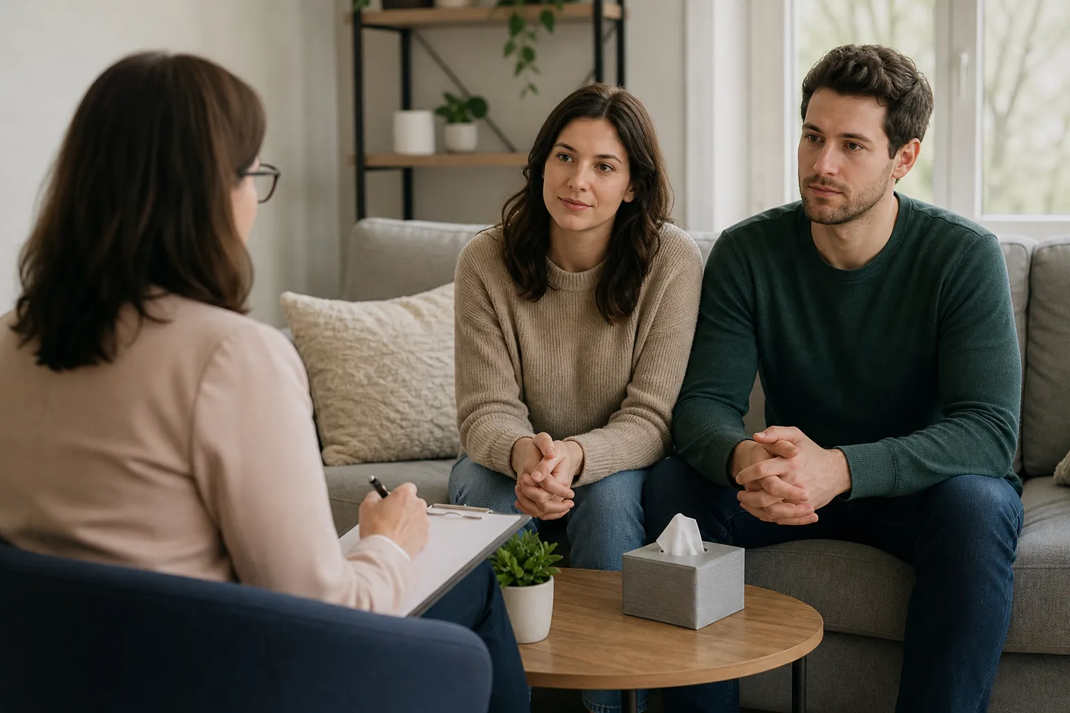 Counselor Meeting With Two Adults in a Calm Office A woman and man sit on a sofa facing a counselor holding a clipboard, with tissues on a small table between them.