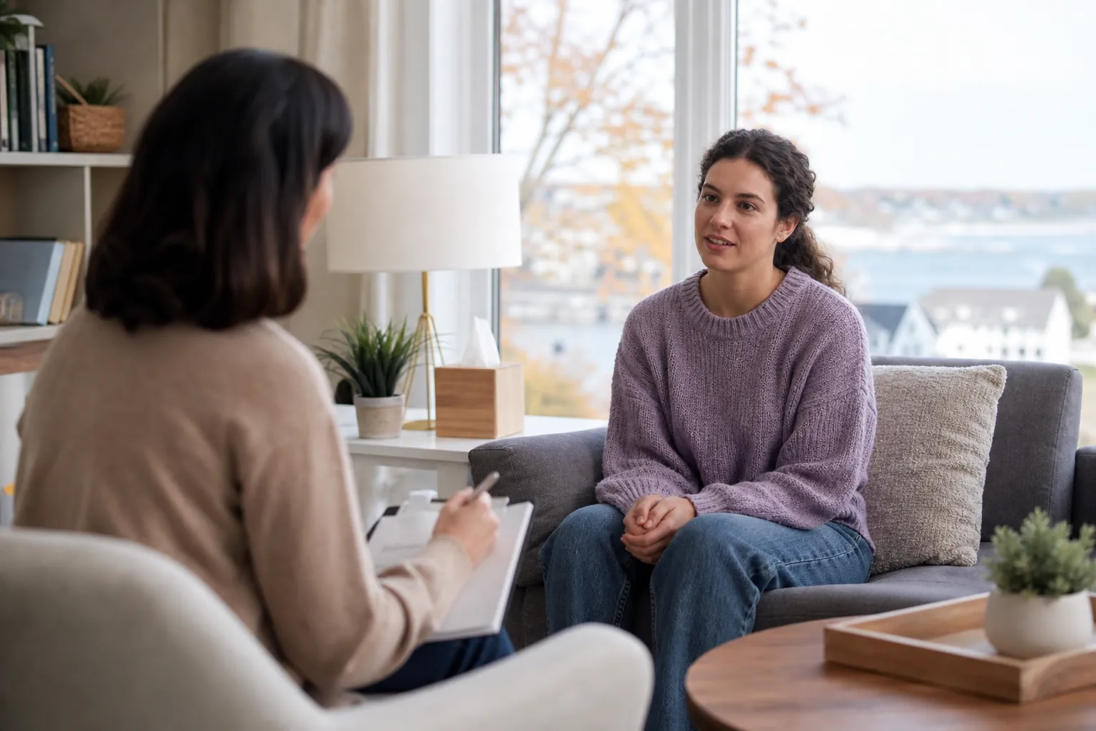 Therapist Discussing Care With a Patient (detail) A therapist holding a clipboard speaks with a woman seated on a sofa in a bright counseling office.