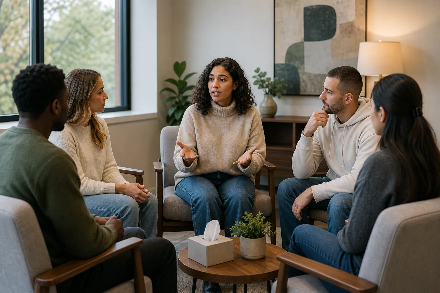 Adults Participating in a Group Therapy Session (next step) Five adults sit in a circle during a group therapy session as one woman speaks in a comfortable counseling room.