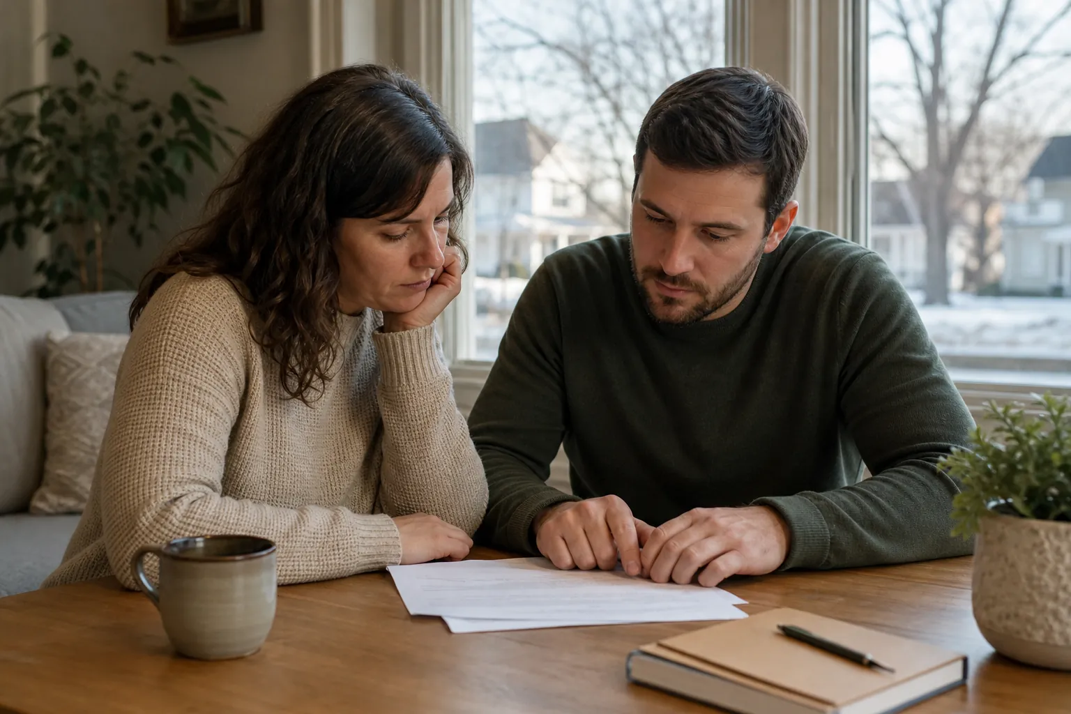 Couple Reviewing Paperwork at a Kitchen Table A man and woman review papers at a wooden table by a window, with a mug, notebook, pen, and potted plant nearby.