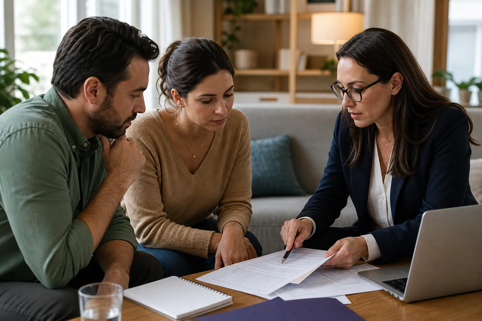 Three adults examine papers on a coffee table beside a laptop and notebook.