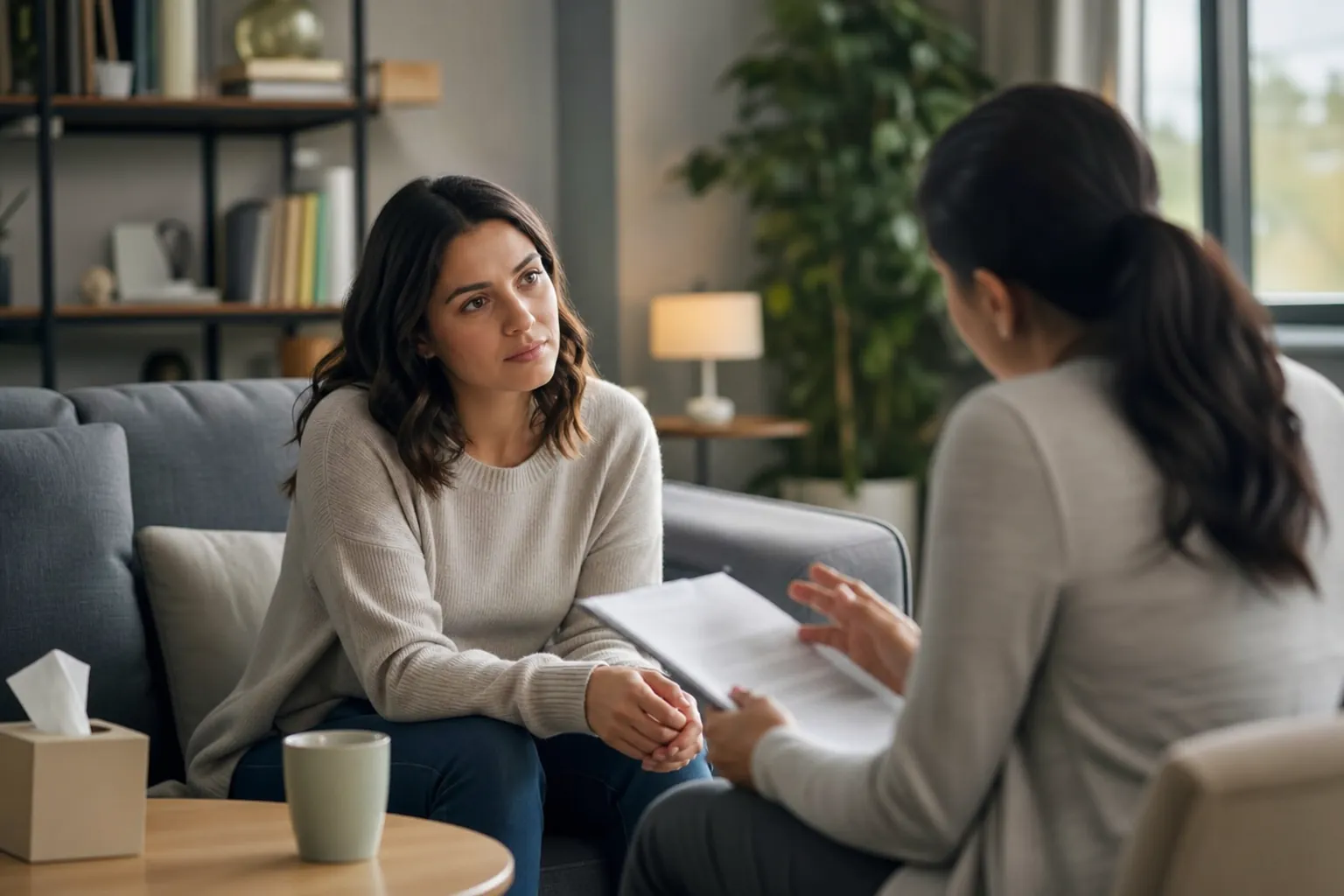 Woman seated on a sofa faces another woman holding papers.