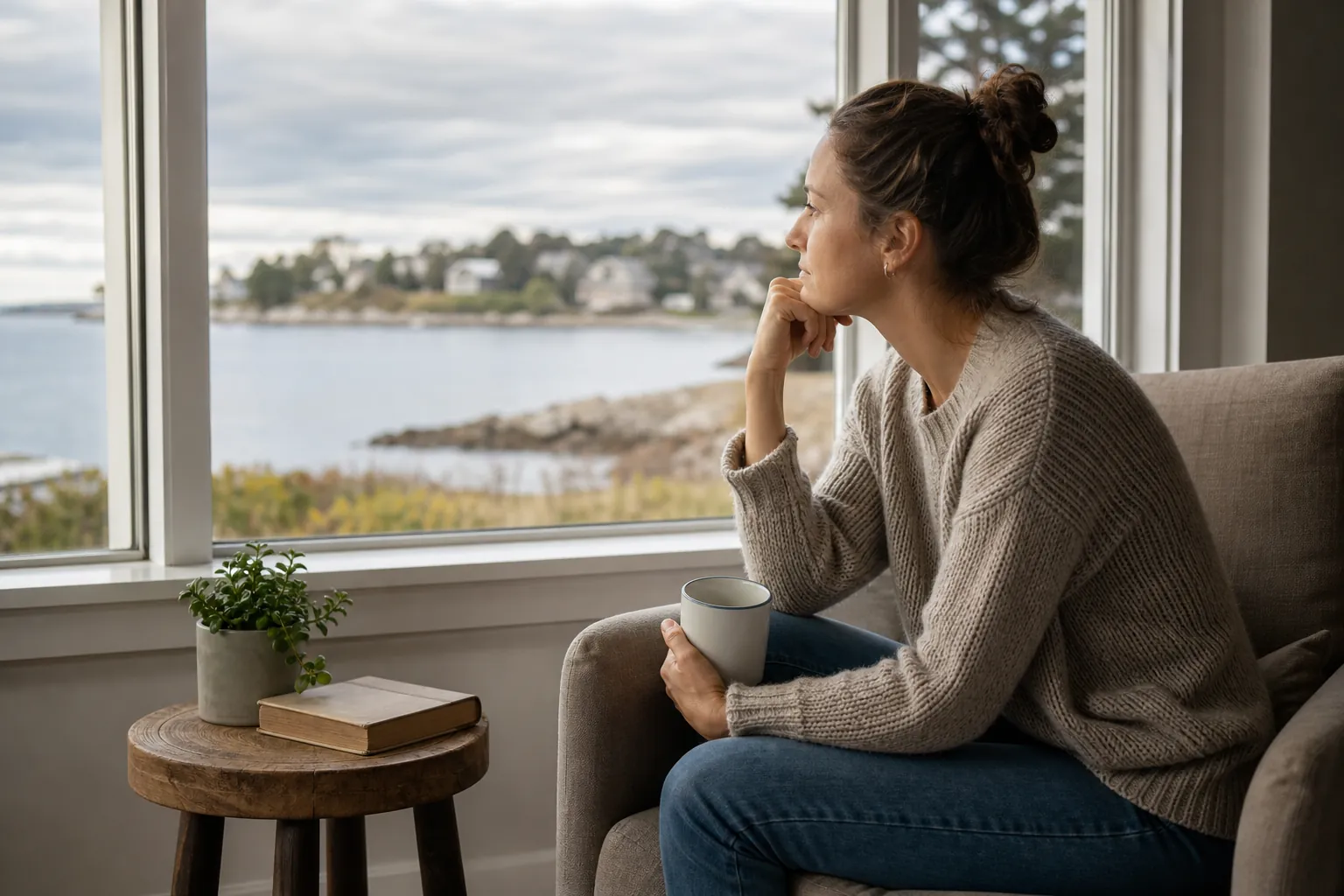 Woman seated beside a window with a mug Woman holding a mug sits beside a window overlooking water and distant homes.