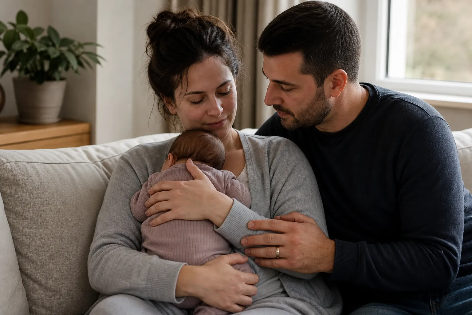 Partner Support While a Mother Holds Her Baby A woman cradles a baby on a light-colored sofa while a man leans close and rests his hand on her arm.