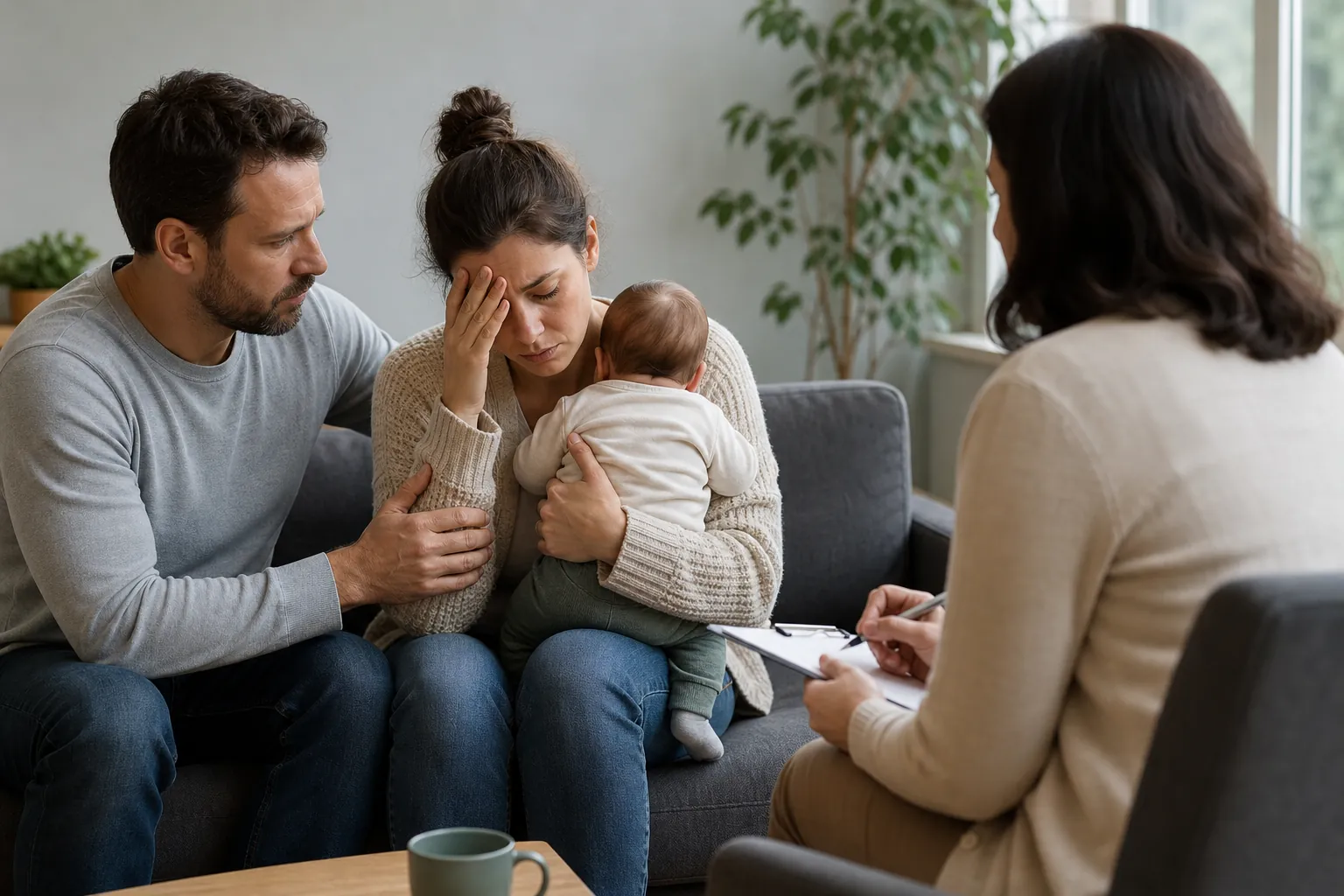 Mother Holding a Baby During a Supportive Consultation A distressed woman holds a baby beside a supportive man while speaking with a woman holding a clipboard.