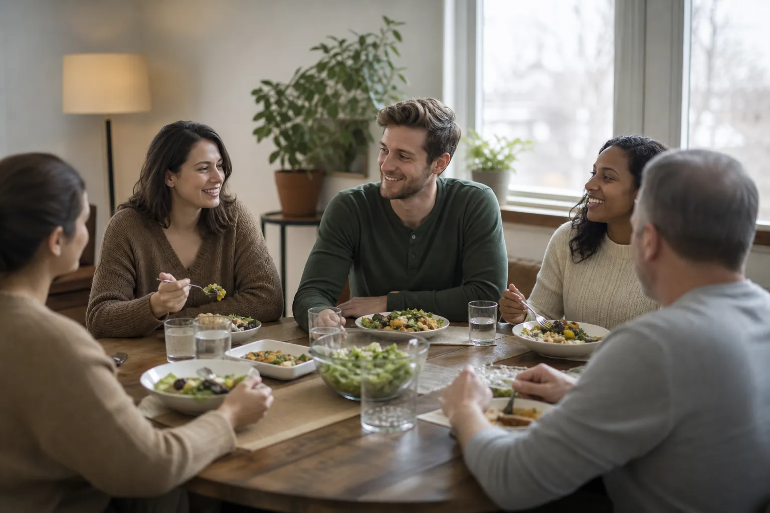 Five adults share salads around a dining table in a bright group setting, illustrating a communal outpatient meal.