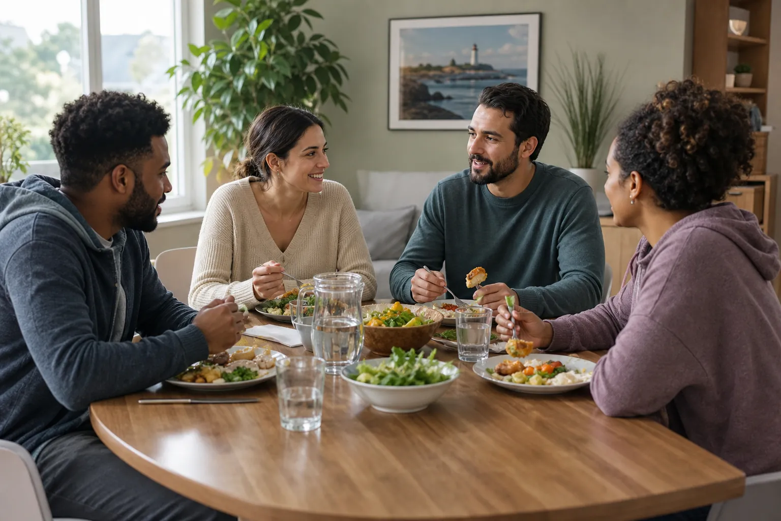 Four adults talk while sharing a balanced meal around a dining table in a bright, comfortable group setting.