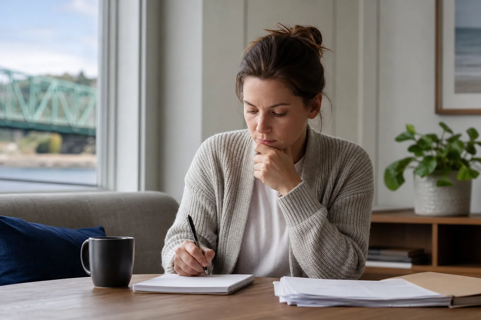 Woman Writing in a Notebook Beside Paperwork A woman rests her chin on one hand while writing in a notebook at a wooden table with papers and a dark mug.
