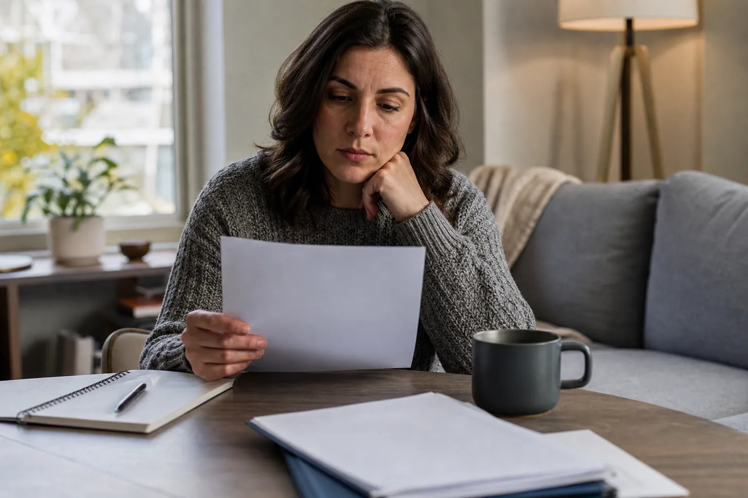 Concerned Woman Reviewing Paperwork at Home A concerned woman reads a sheet of paper at a table with documents, a notebook, a pen, and a gray mug.