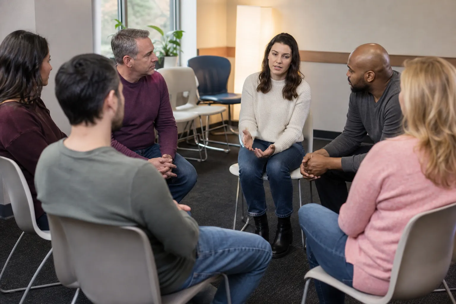 Six Adults Seated in a Circle Six adults sit in a circle while a woman in a light sweater gestures with her hands.