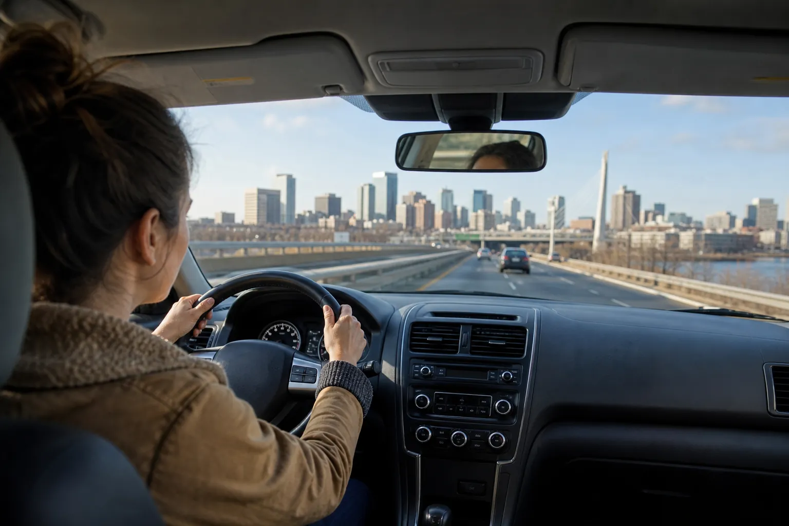 Driver Facing Traffic and a City Skyline A driver holds the steering wheel with both hands as traffic approaches a city skyline.