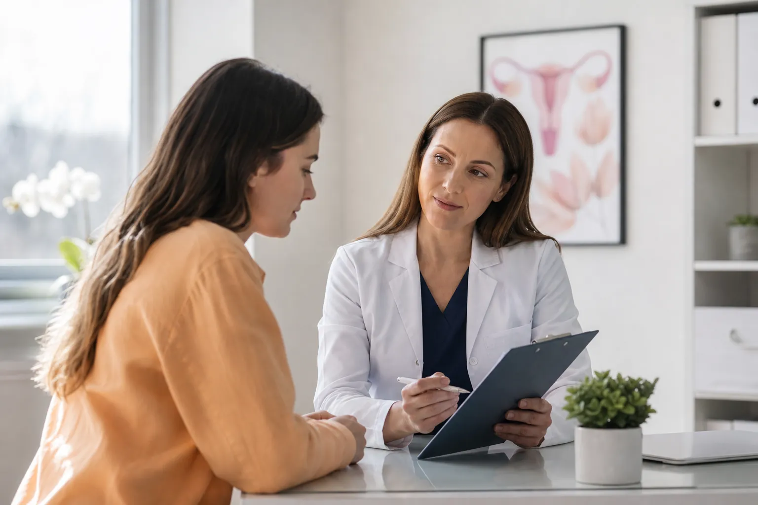 A doctor holding a clipboard speaks with a woman across a desk, with a female reproductive anatomy chart behind them.