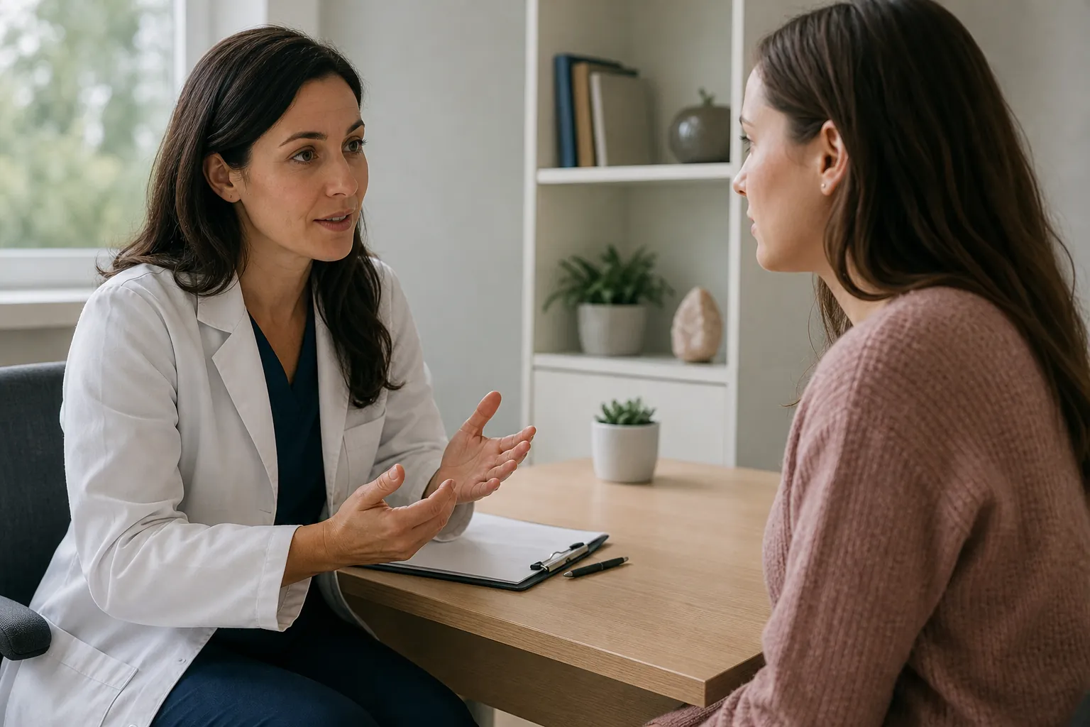 A clinician in a white coat gestures while speaking with a woman in a pink sweater across a desk with a clipboard.
