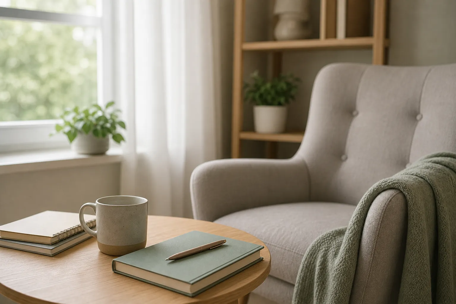 Armchair beside a table with notebooks and a mug An empty upholstered armchair with a green throw beside a wooden table holding a mug, notebooks, and a pen, with potted plants near a curtained window and on shelving.
