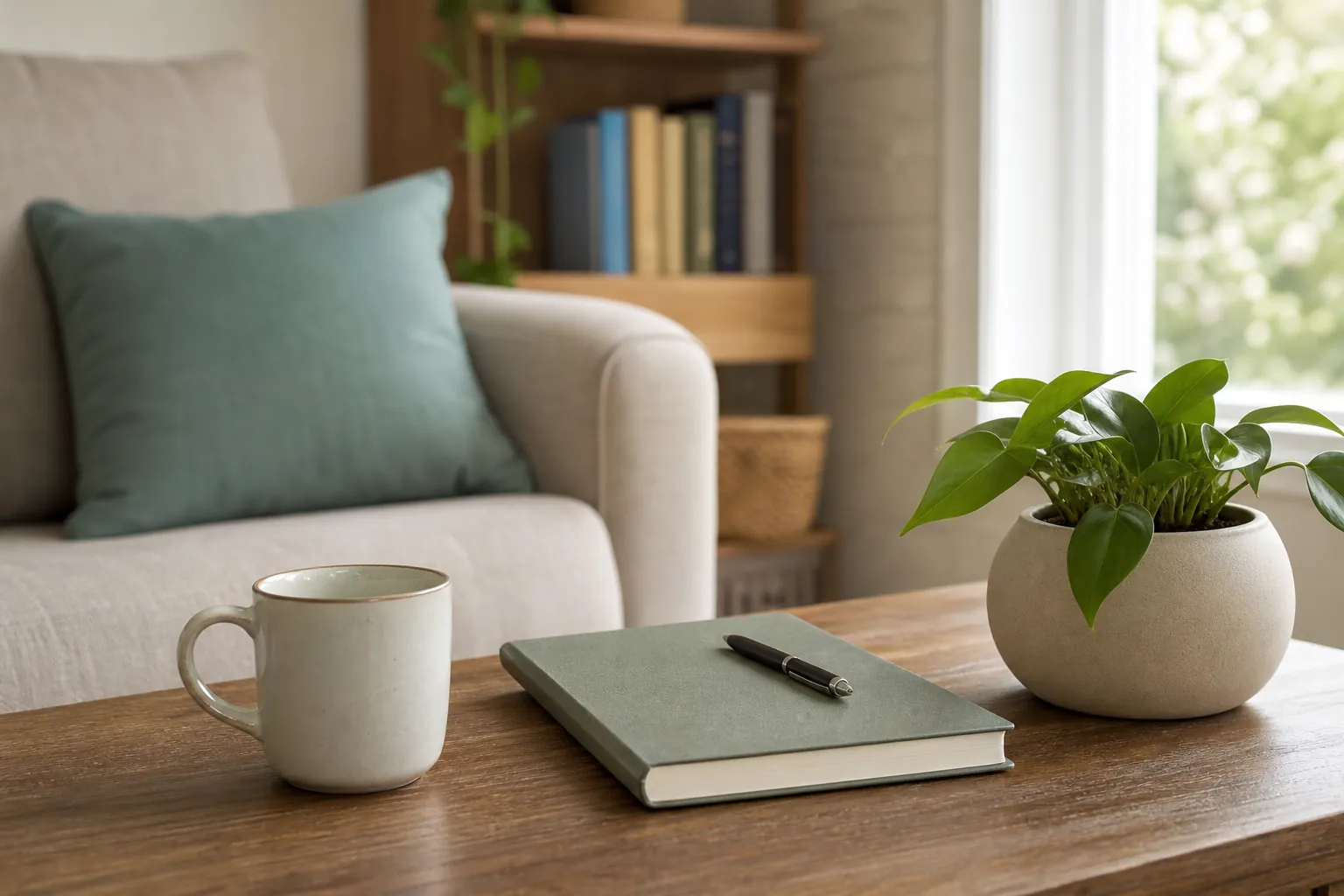 Mug, notebook and potted plant on a wooden table A ceramic mug, closed notebook with a pen, and potted plant on a wooden table beside an armchair with a green cushion.