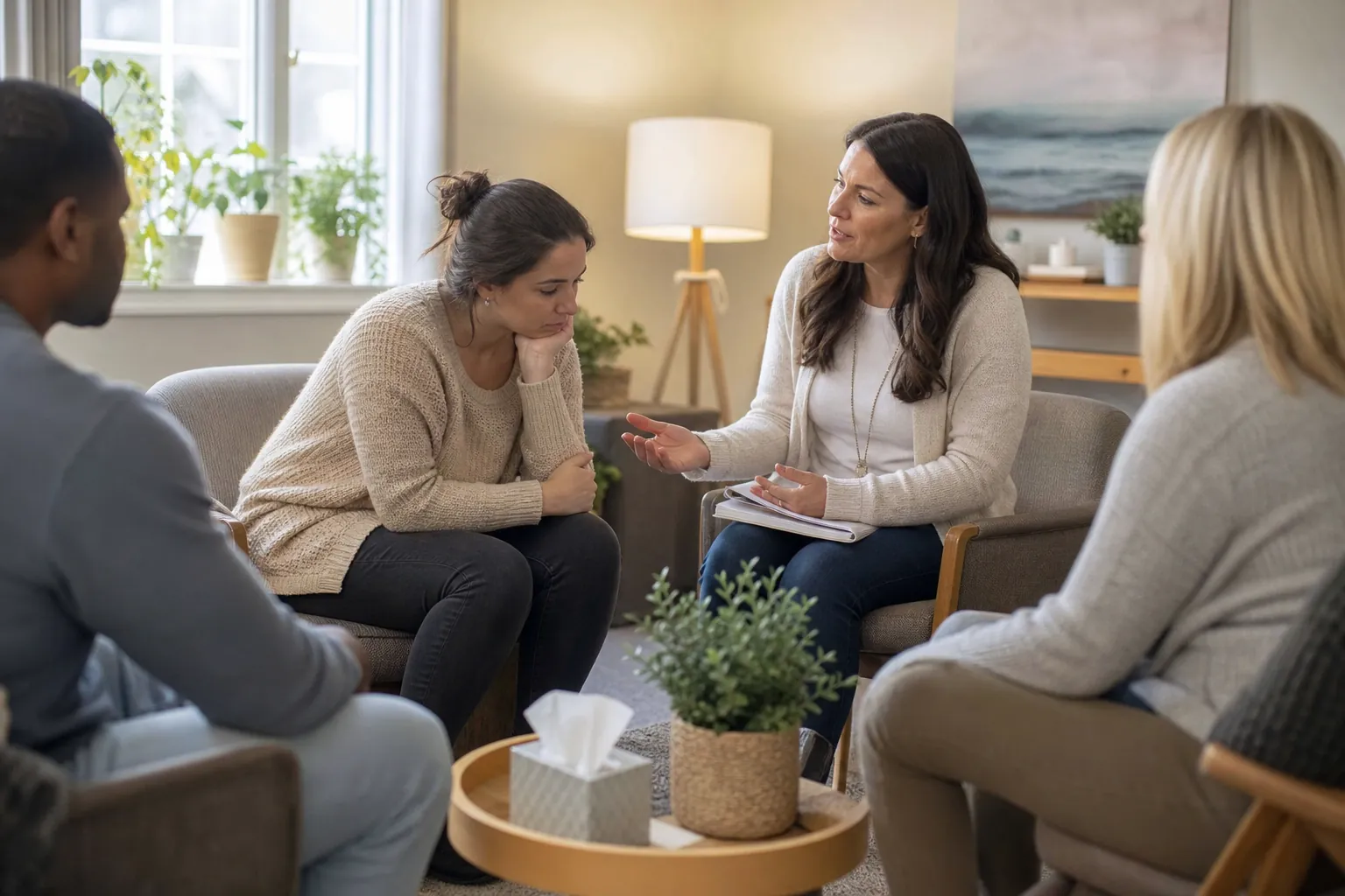 Four adults sit in a therapy group as a woman holding a notebook gestures toward a participant resting her chin on her hand.