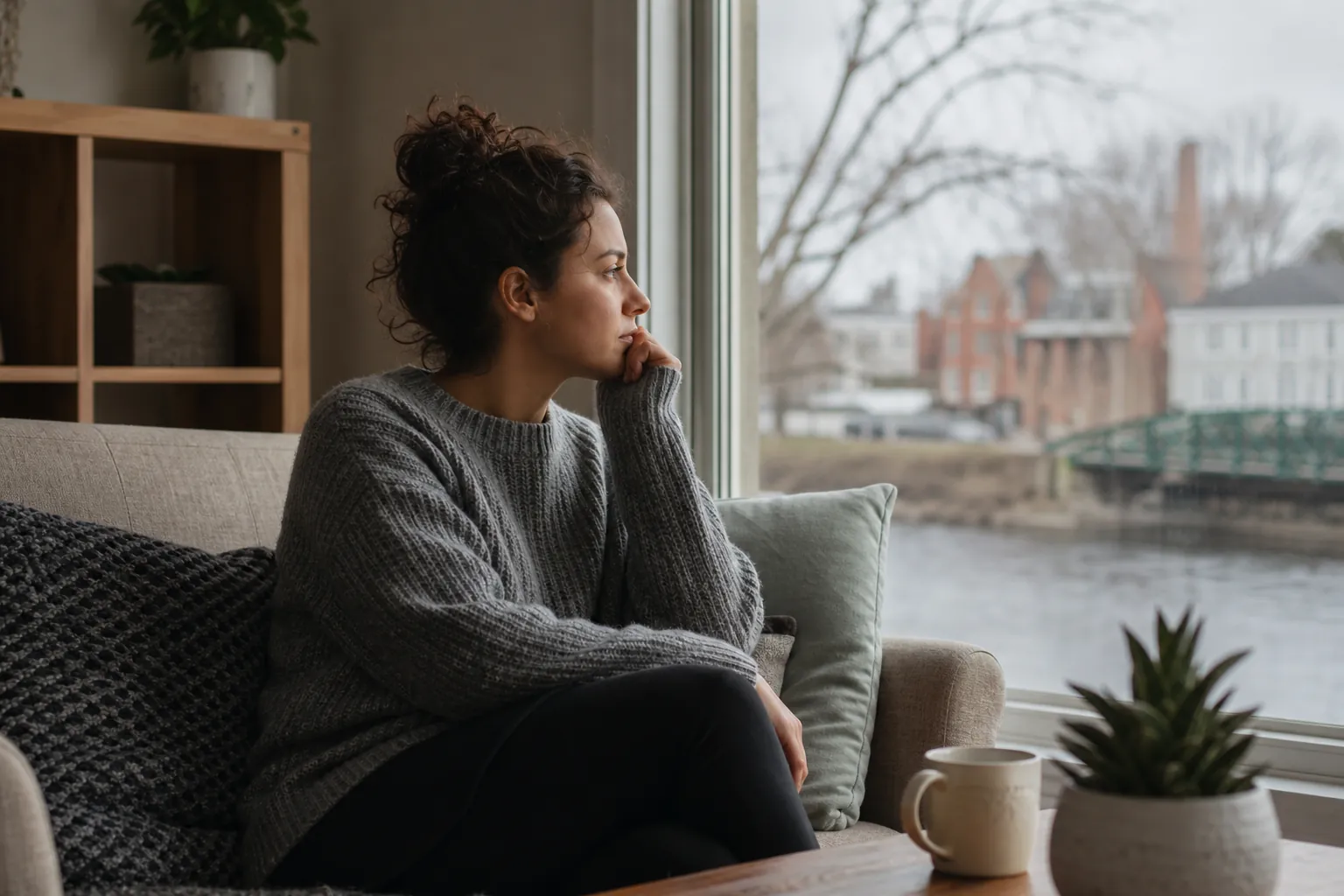 A woman in a gray sweater sits on a sofa, resting her chin on her hand and looking through a window toward a river.