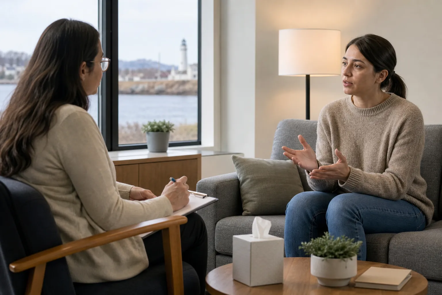 Two Women Talking With a Notebook Two women sit facing each other, with one holding a notebook and the other gesturing.