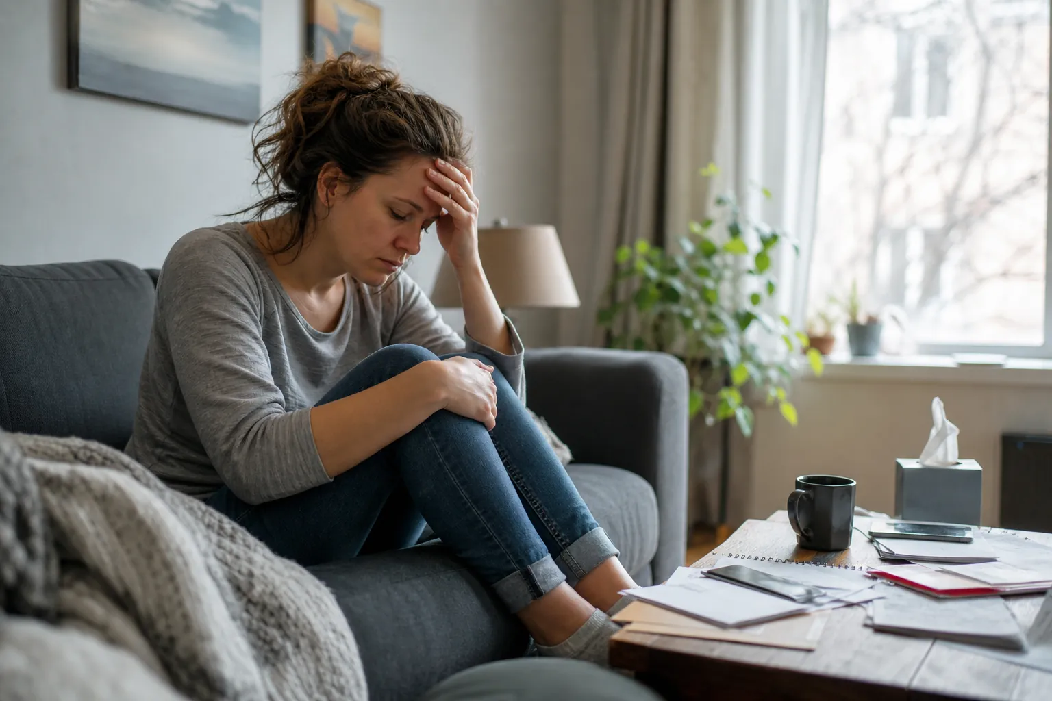 Woman Seated Beside Papers and Tissues A woman sits curled up on a sofa beside a table with papers, a mug and tissue box.