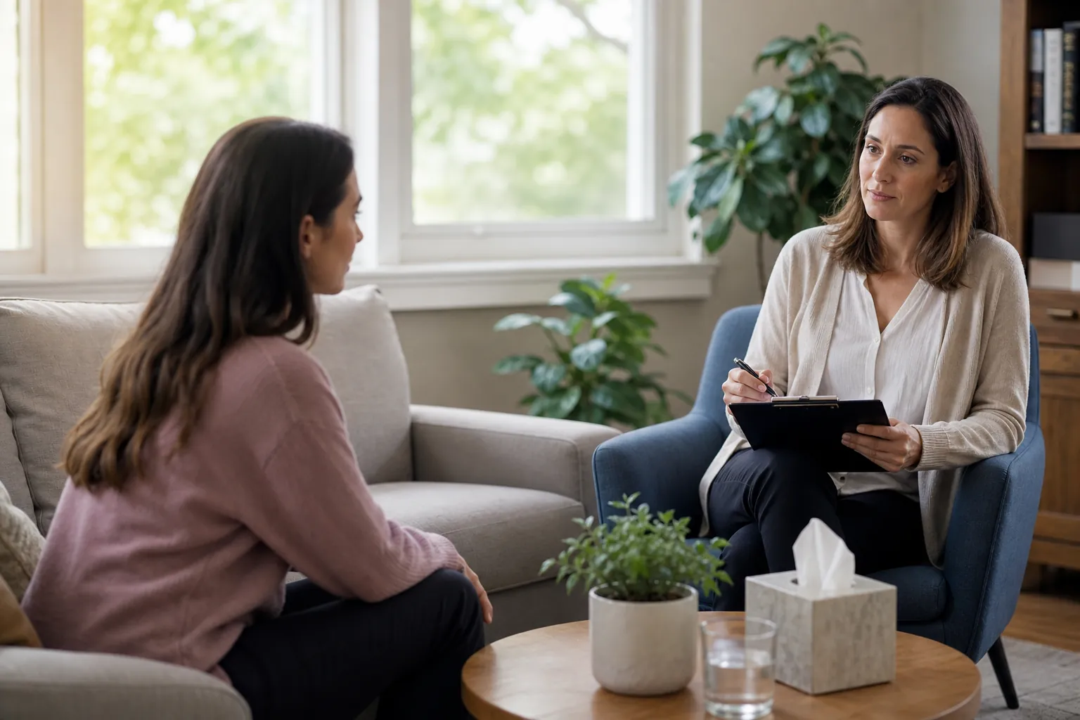 A mental health admissions professional takes notes while speaking with a woman in a calm office setting.