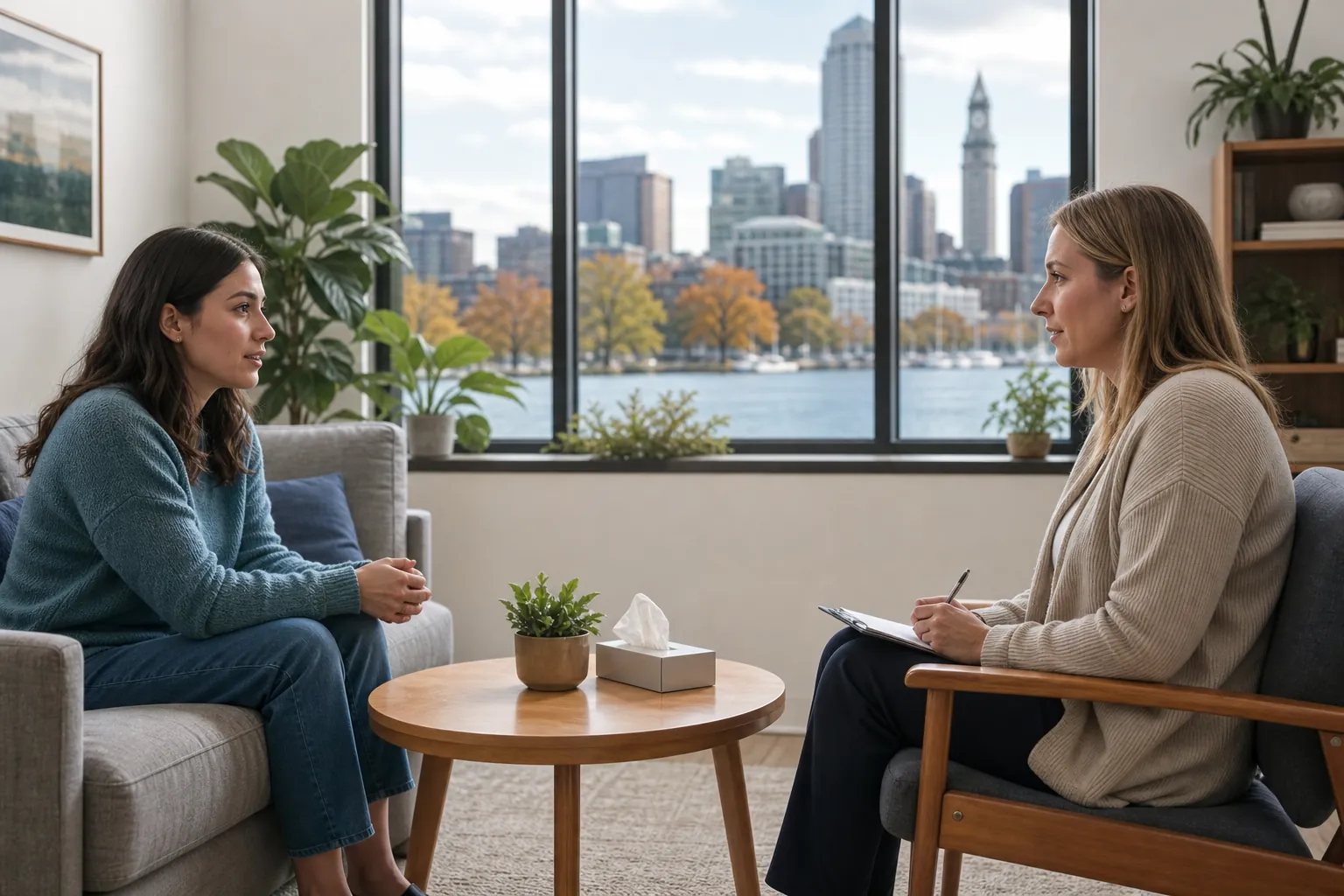 A woman speaks with a clinician holding a clipboard in a bright counseling office overlooking a city waterfront.