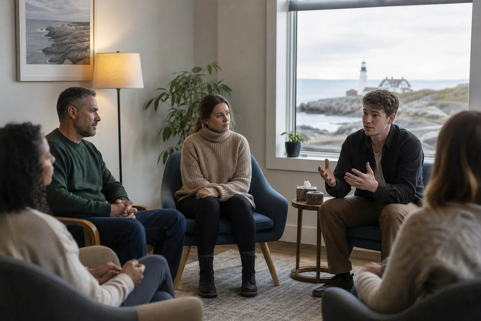 Seated discussion beside a rocky shoreline view Five adults sit near a window as a man in a dark shirt gestures, with a rocky shoreline and lighthouse outside.