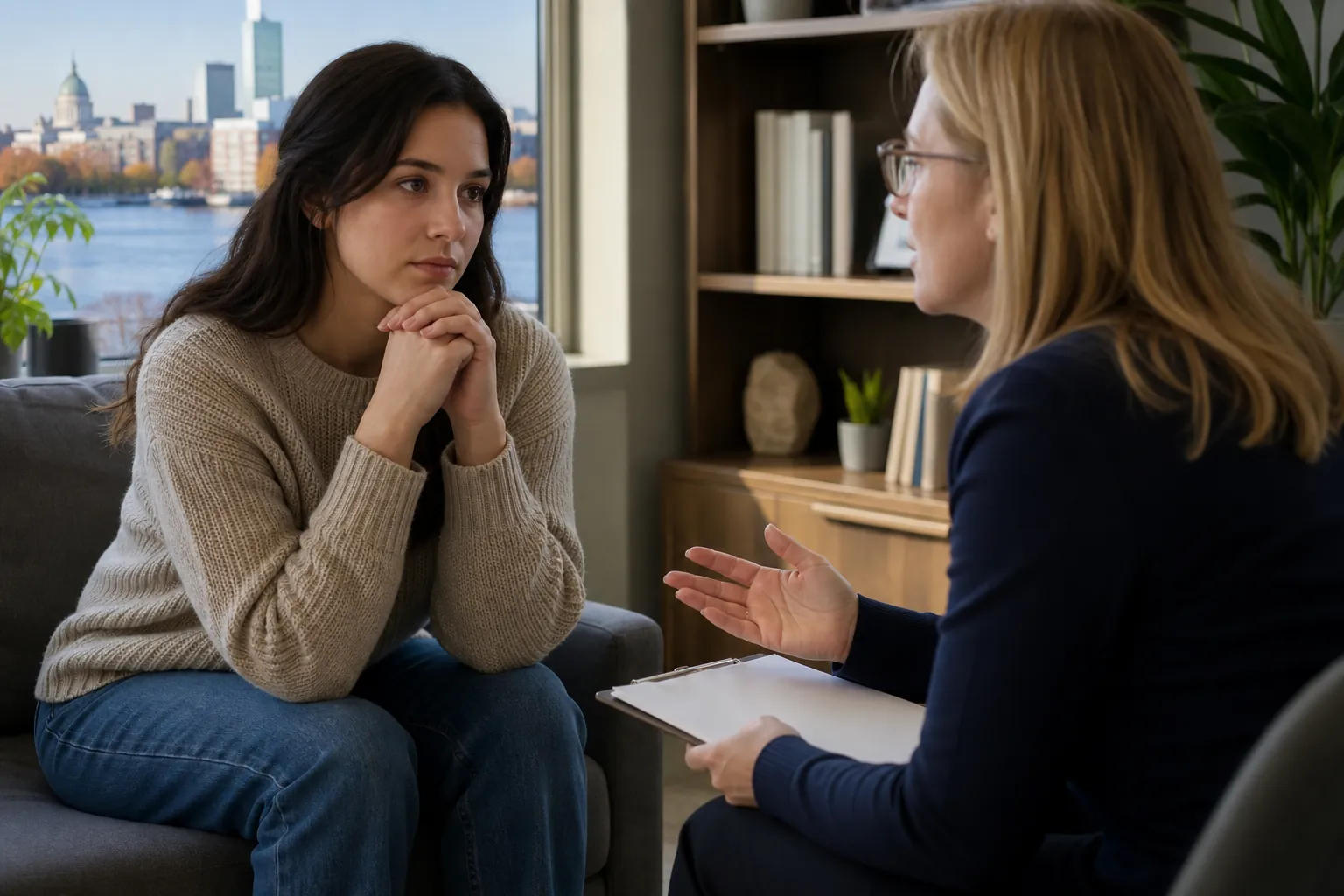 A counselor gestures while speaking with a seated woman during a referral conversation in a private office.